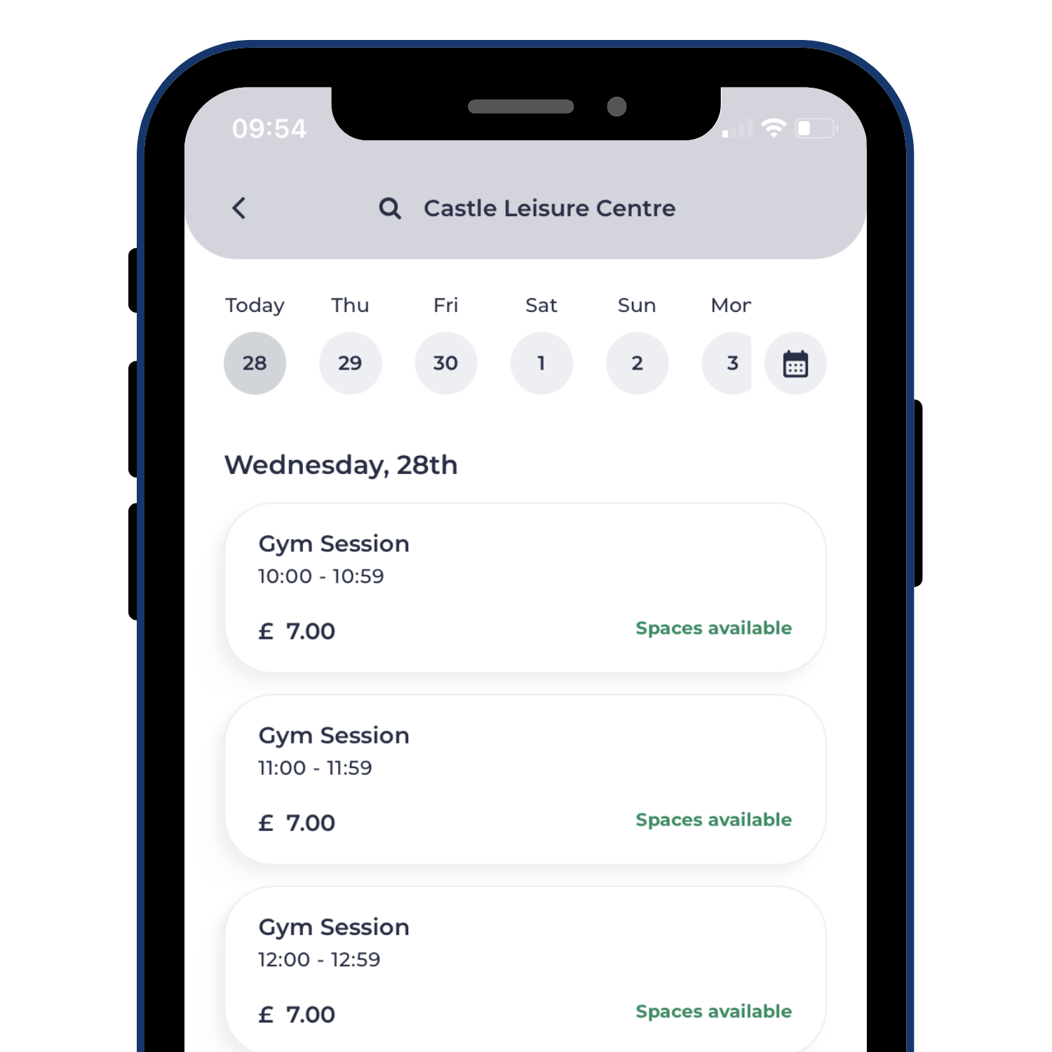 Bury Leisure - App - Website - Session Screenshot